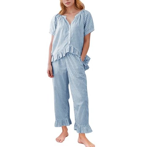 Flygo Womens Plaid 2 Piece Pajamas Sets Gingham Button Down Puff Sleeve Babydoll Shirt Ruffle Pants Y2K Pjs Lounge Set