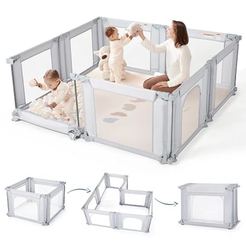Sweeby Baby Playpen, Foldable Playpens for Babies and Toddlers with Gate, Large Playpen with Door Play Yard for Baby Fence Indoor and Outdoor Portable Play Pen,(59"x59", Grey)