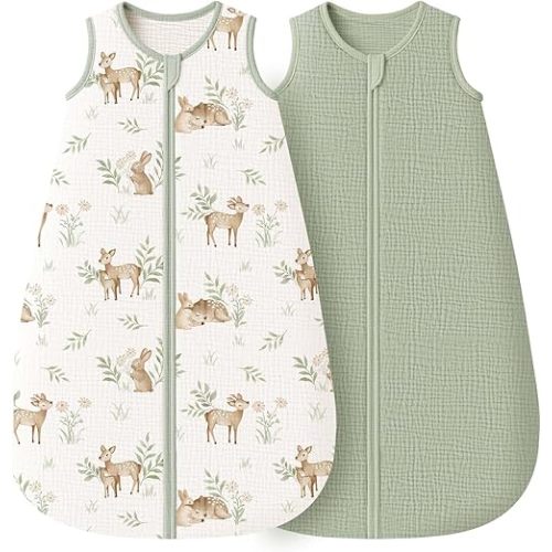 Konssy 2-Pack Baby Sleep Sack 0.7 TOG, 100% Muslin Cotton Wearable Blanket for Babies 0-6 Months, Breathable Sleeping Bag Newborn Essentials for Girls and Boys (Woodland,Sage)
