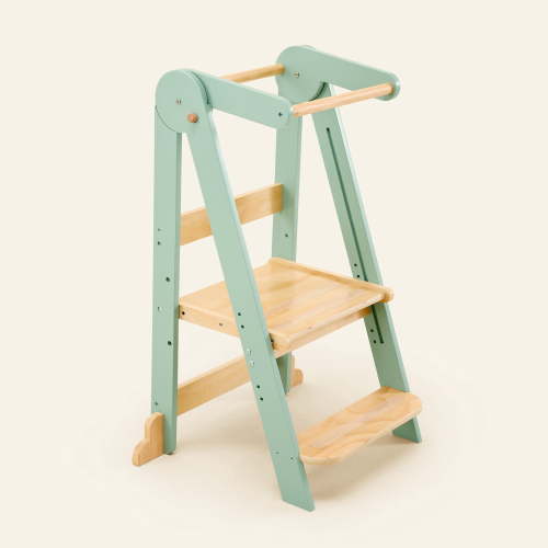 HARPPA, Foldable Toddler Kitchen Tower, Natural NZ Wood, Sage Green
