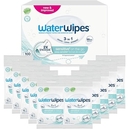 WaterWipes Sensitive+ On The Go Wipes, 3-In-1 Cleans, Cares, Protects, 99.9% Water, Unscented & Hypoallergenic Wet Wipes, 100 Count (10 Packs)