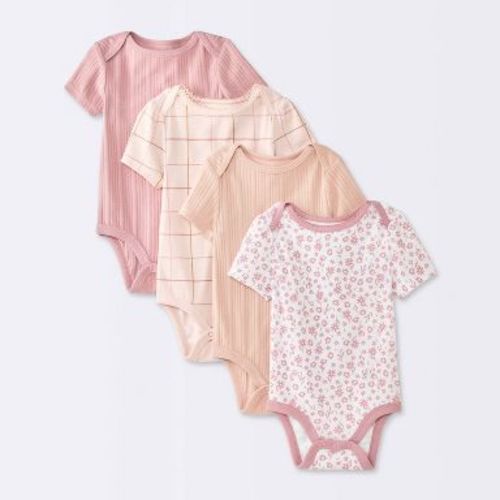 Baby Girls' 4pk Floral Short Sleeve Bodysuits - Cloud Island™ Peach/Pink 12M