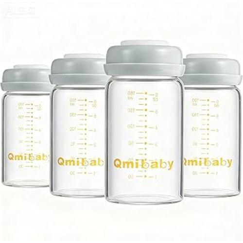Glass Breastmilk Storage Bottles 180ml 6oz BPA-Free Leak-Proof Natural Baby Bottle for Breastmilk Storage Wide Neck Bottles with Screw Ring Sealing Disk Breastfeeding (Grey, 180ml-4Packs)