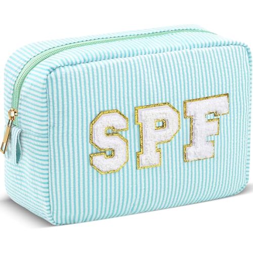 Sanwuta Seersucker Cosmetic Bags SPF Bag Chenille Letter Seersucker Makeup Bags Stripe Women Pouch Large Preppy Storage Pouch Toiletry Travel Organizer for Traveling Meds