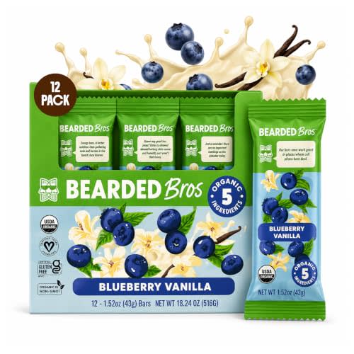 Bearded Brothers Organic Bars, Vegan Energy Bars Blueberry Vanilla 12 Count | Vegan Gluten Free Bars, Soy and Dairy Free, Plant Based, High Fiber Snacks, Organic Snacks For Adults Nutrition Bars