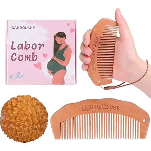 Birth Comb & Acupressure Massage Ball Set for Women Labor and Delivery Essentials, Wooden Labor Comb Pregnancy Must Haves, Designed for Expectant Moms