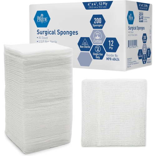 MedPride, Gauze Pads, 4x4" 12-Ply, 200 Count Non-Adhesive Cotton