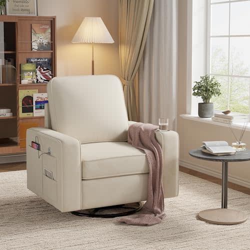 FiveWillowise Swivel Square Accent Chair with Wide Armrests,360°Rotating | Comfy Single Sofa Chairs with USB/Type-C,Cup Holder&Side Pocket,Modern Armchair for Living Room,Bedroom,Reading,Beige White
