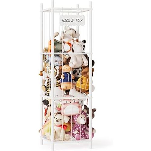 SpaceAid Stuffed Animal Storage Organizer, Wood Animals Zoo Toy Plushies Storage Holder, Large Capacity Plush Toy Cage for Playroom Organization, 15.8" Wide, White