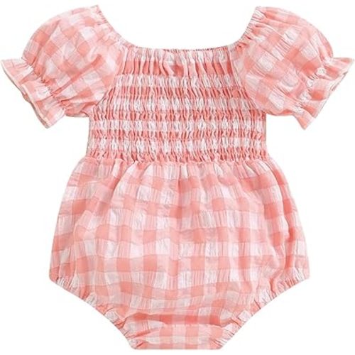 Newborn Baby Girl Bodysuit Sleeveless Halter Frill Romper One-piece Jumpsuit with Headband Summer Clothes Set - Plaid Pink - 0-3 Months