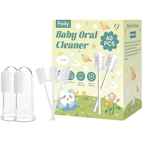 60-Pack Baby Tongue Cleaner Gauze with 2 Finger Toothbrush– Gentle Newborn Oral Care, Disposable Toddler Tooth Brush for 0-24 Months Tooth Mouth Gum Clean (Square Style)