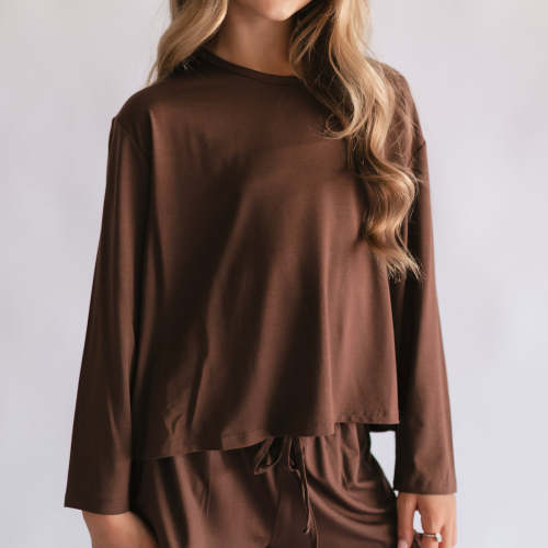 Girl's Long Sleeve and Ruffle Shorts Set in Chocolate Brown