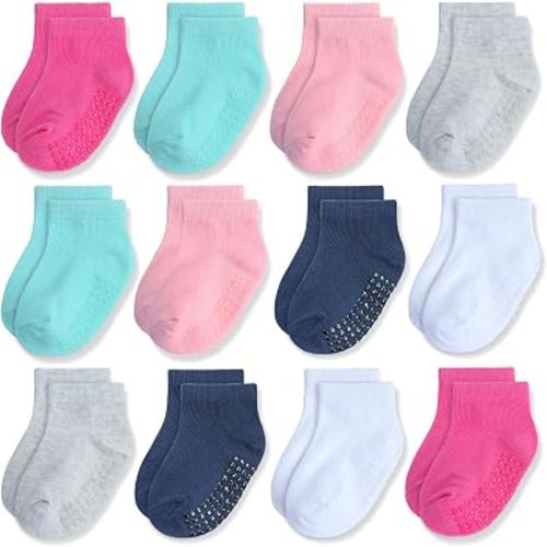 JAKIDAR 12 Pair Baby Toddler Socks Non-Slip Grip Cotton Ankle Socks for Boys Girls Non Skid Soles for Infants Kids