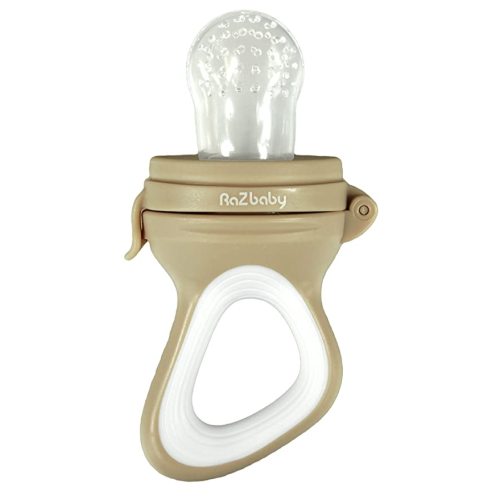 RaZbaby Baby Solids/Frozen Fruit Feeder Pacifier, Infant Teether Toy 6M+, BPA-Free Silicone Pouch & Nipple, Safely Introduce Solids, Natural Teething Relief, Dishwasher Safe, Freezable – Tan/White