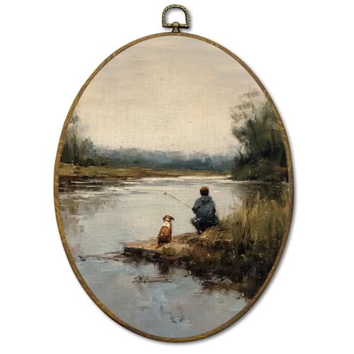 Vintage Boy Fishing Wall Art Decor, Rustic Farmhouse Dog and Boy Framed Canvas Prints 8.6x11.4, Retro Country Landscape Oval Wall Hanging Artwork Decorations for Home Bedroom Living Room