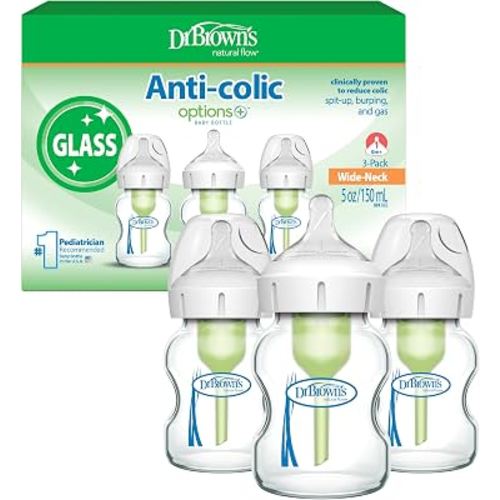 Dr. Brown's Anti-Colic Options+ Wide-Neck Glass Baby Bottle, 5 oz, 3-Pack | (Packaging May Vary) Clinically Proven to Reduce Colic, Glass Baby Bottles with Level 1 Slow Flow Nipple, 0m+, BPA-free