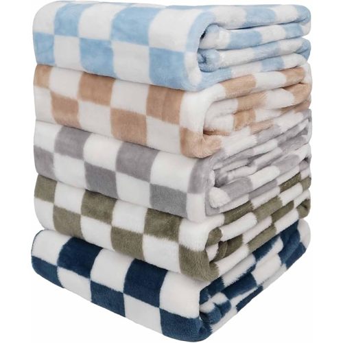 Baby Blanket 5 Pcs Checkerboard Grid Ultra Soft Gift-Ready Plush for Newborns, Nursery & Stroller 30"x40" Green Blue Light Gray Dark Blue Camel