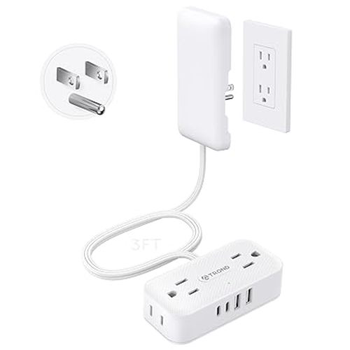 TROND 3FT Flat Extension Cord with Ultra-Thin Outlet Cover, Flat Wall Plug Power Strip with 4 AC 4 USB Ports, Hidden Outlet Extender for Tight Spaces, 10A/1250W, 900J Surge Protection, White