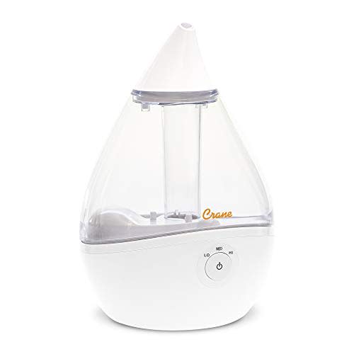 Crane Ultrasonic Teardrop Humidifier for Baby, Cool Mist, Auto Shut off, Adjustable Humidity, for Nursery, Bedroom, Clear and White, 0.5 Gallon