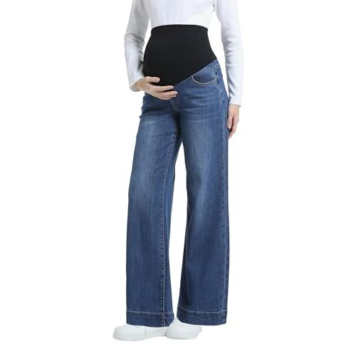 Women's Maternity Jeans Wide Leg Over The Belly Support Stretch Pregnancy Denim Loose Wide Pants with Pockets