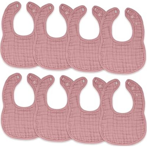 Comfy Cubs Muslin Bibs for Babies, Pack of 8 - Soft and Highly Absorbent, Feeding, Drool and Teething Bib, Adjustable Snaps - Stylish & Colorful Unisex Designs, Giftable Set - Mauve