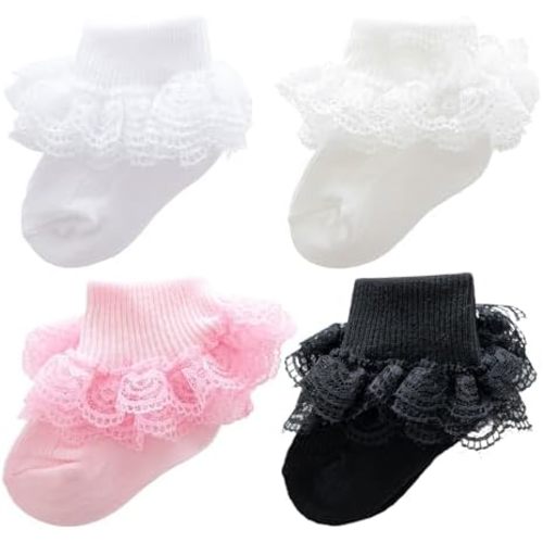 baotongle 4 Pairs Baby Toddler Girls Ruffle Socks Infant Girls Double Lace Frilly Socks Thin Dress Turn Cuff Sock 12-24Month