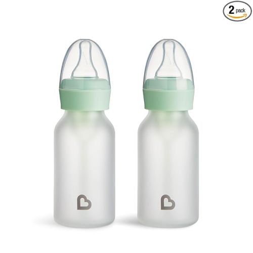 Munchkin Bond Silicone Coated Glass Baby Bottles - Anti-Colic Feeding System with Natural Feel Nipples, 4 Ounce, 2 Pack, Mint/Green