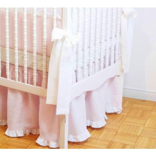 Linen Crib  bedding - gathered skirt  light pink with  ruffle ,  - Girl Nursery bedding