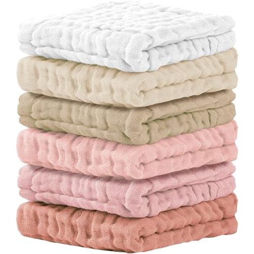 Cuddle Campus Baby Washcloths 6 Packs, Muslin Washcloths Baby,Cotton Burp Cloths, Extra Absorbent and Soft Wash Clothes for Newborns, 12x12 Inches