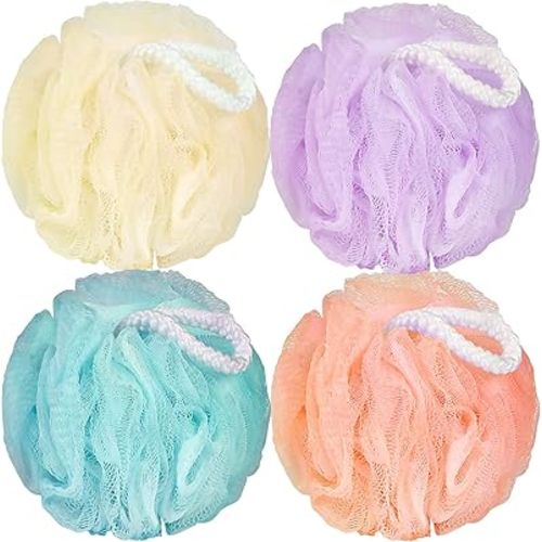 FARMOGA Bath Loofah Sponge Body Scrubber Shower Sponge Exfoliating Mesh Pouf Shower Ball Bath Sponges for Women and Men Bathing Accessories (4Pack 50G Colorful)