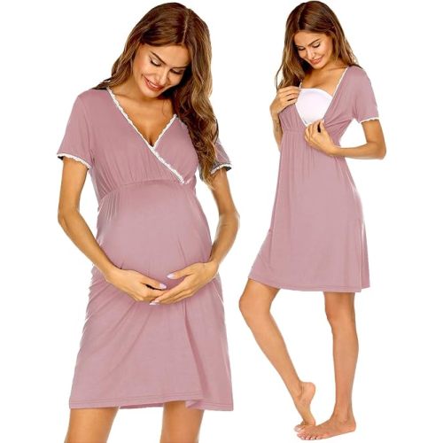 Ekouaer Nursing Nightgown Delivery and Labor Gown for Hospital Short Sleeve Maternity Breastfeeding Dress