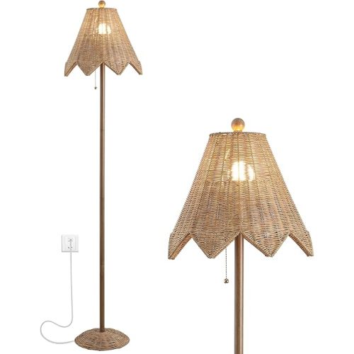 JONATHAN Y 60.5" Natural Brown Rattan Scalloped Floor Lamp, Traditional Coastal Bohemian Wicker Standing Light for Living Room, Pull-Chain, LED Bulb Included JYL5501A