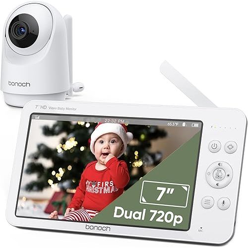 bonoch MegaView Baby Monitor with Camera and Audio, 7" 720P HD Video Baby Monitor No WiFi, 6000mAh Battery, VOX Mode, Auto Night Vision, Hack Proof, Remote PTZ, Baby Camera Monitor