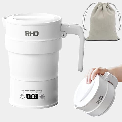 RHD Travel Foldable Electric Kettle, 700ML Multi-function Hot Water Kettle | Collapsible Small Boiling Water Kettle with Keep Warm & Delay Start, BPA-Free, 600W, 304 Stainless Steel, White