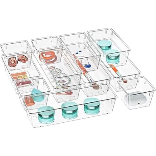 WOWBOX 12 Pack Clear Drawer Organizer Set, Acrylic Drawer Storage Trays, Storage Bins for Makeup, Cosmetics, Jewelries, Utensils, Gadgets, Office
