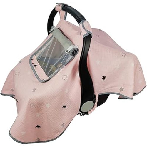ICOPUCA Car seat Covers for Babies, Muslin carseat Cover Girls, carseat Canopy with Window, Light Weight, fit Summer/Autumn/Spring, Pink Crown, Perfect for gils;
