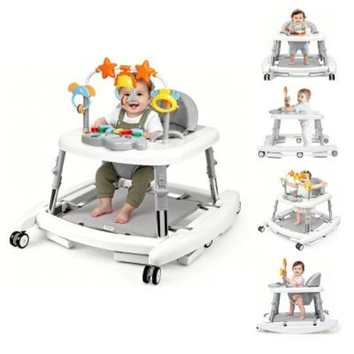 Kmaier 5-in-1 Foldable Baby Walker with Wheels, Music and Lights, 5 Adjustable Heights, White