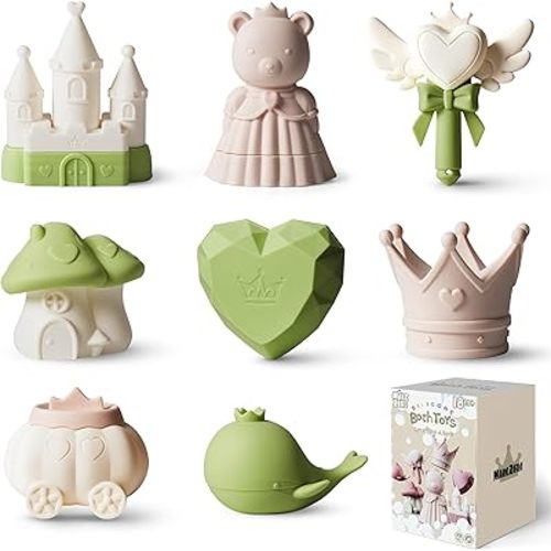 MarcZero Princess Silicone Bath Toys 8Pcs for Toddlers Kids Babies,Bathtub Water Toys,Soft Squeezable Easy-Grip Pool Toys Set (Green)