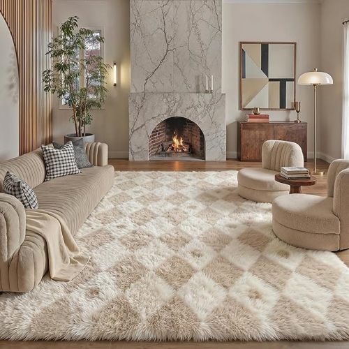 Boho Pink PureCozy Checkered Rug 9x12 Fluffy Shag Living Room Pink Area Rug Modern Washable Carpet Soft Shaggy Non Slip Indoor Plush Fuzzy Rugs for Bedroom Dorm Office Home Aesthetic Decor