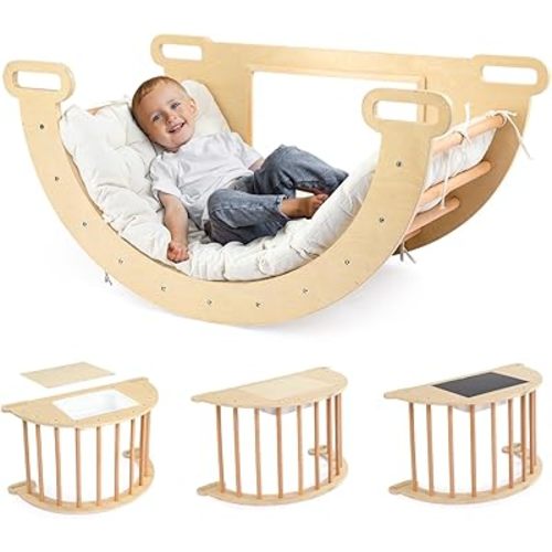 JOYMOR 5-in-1 Pikler Triangle Climber Arch Rocker with Cushion Sensory Table Set for Kids, Montessori Wooden Climbing Toys for Toddlers 1-3 Inside with Collapsible Storage Basin & Blackboard