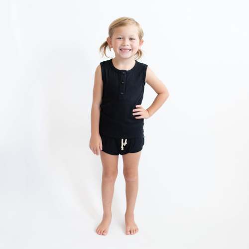 Ribbed Henley Tank Set in Midnight