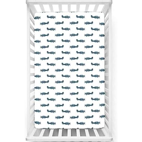 Vintage Airplane Themed Fitted Crib Sheet,Standard Crib Mattress Fitted Sheet Toddler Bed Mattress Sheets-Baby Sheet for Boys Girls,28“ x52“,Dark Blue and White
