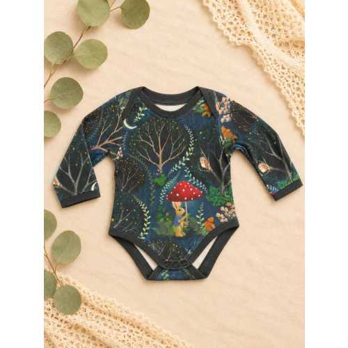Organic Cotton Baby Bodysuit – Rabbit Mushroom Umbrella Print, GOTS Certified Knit