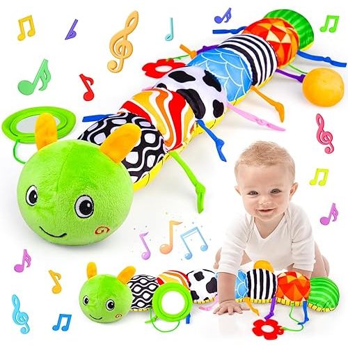 Baby Toys 0 to 12 Months, Stuffed Animal Infant Tummy Time Toys Sensory Toys with Crinkle, Rattles, Textures and Mirror Gifts for Newborn Boy Girls Toddlers, Caterpillar Musical Toy (Green)