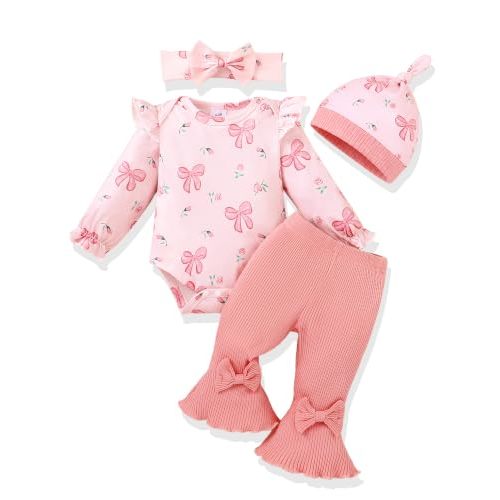 AMAWMW Baby Girl Clothes Ruffle Sleeve Romper Flared Pants Infant Outfit | 4 Pieces Outfit, 0-18 Months, Soft and Skin-friendly Fabric, Bow or Floral Print, Fall Winter Clothing Set