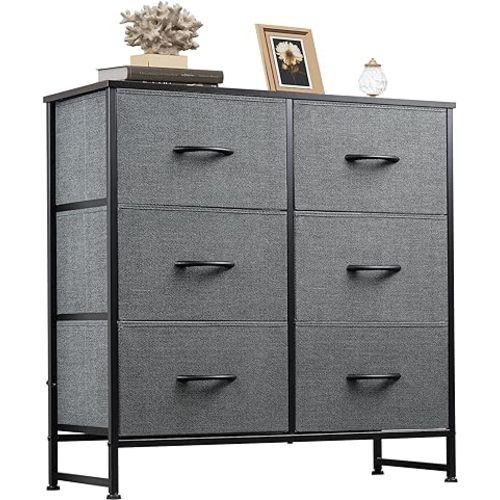 WLIVE Fabric Dresser for Bedroom, 6 Drawer Double Dresser, Storage Tower with Fabric Bins, Chest of Drawers for Closet, Living Room, Hallway, Dark Grey