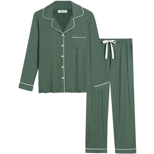 Cherrydew Women Bamboo Viscose Pajama Sets Super Soft Comfy Breathable Cooling Sleepwear Long Sleeve Button Down Loungewear