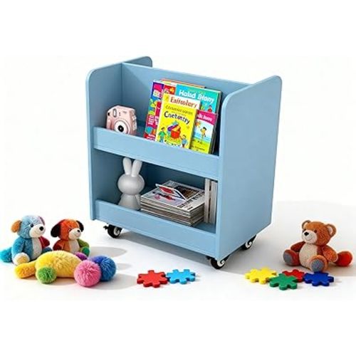 Kids Rolling 27.5''W x 17.7''D x 27.5''H Bookshelf with Wheels, 2-Tier Wooden Bookcase for Children, Open Shelf Montessori Storage Organizer, Non-Toxic Finish for Nursery Playroom Classroom
