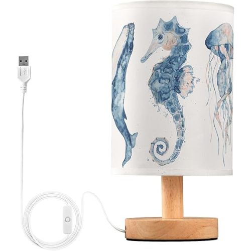Table Lamp Watercolor Ocean Fish Jellyfish Whale Seahorse Blue Sea Life Animal Nightstand Lamp with Wood Base Fabric Lamp Shade Bedside Desk Lamp for Living Room Bedroom Kids Room Office