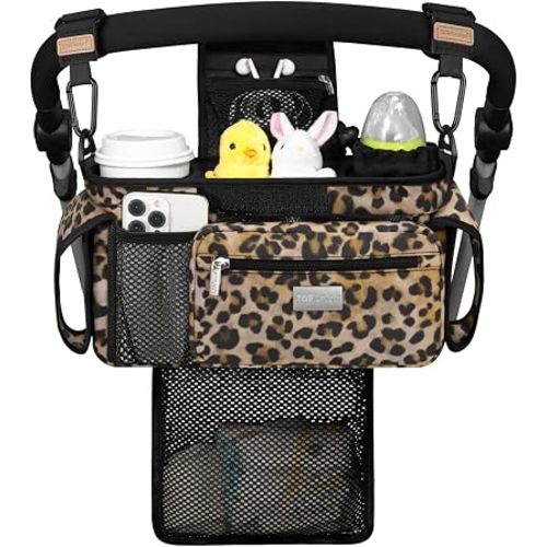 TOPDesign Universal Baby Stroller Organizer, Stroller Caddy with Detachable Mesh Bag & Heightened Insulated Cup Holders & Non-Slip Secure Hooks Accessories, Fits Most Strollers (Leopard)
